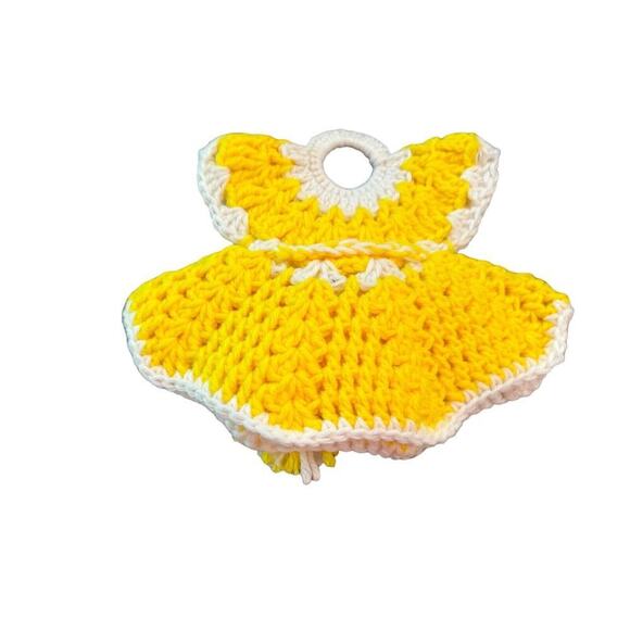 Vtg Hand Knitted Crochet Hot Pad Or Pot Holder Yellow Bright Grannycore Cottage - Picture 2 of 3